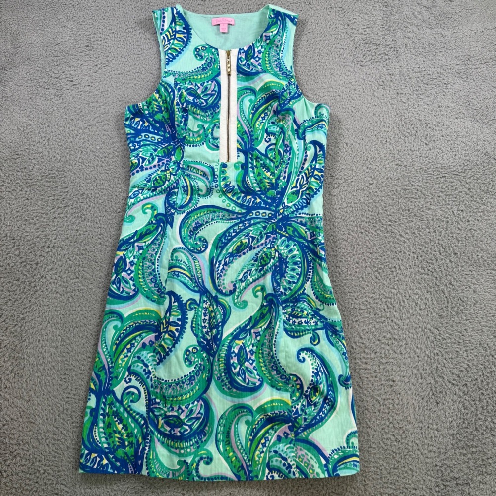 Lilly Pulitzer Womens Green Blue Paisley Zip‎ Front Cotton Shift Dress Size 4